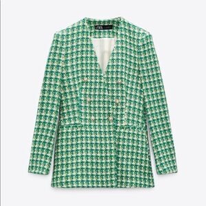 NWT Zara Tweed Double Breasted Blazer Jacket Green XS